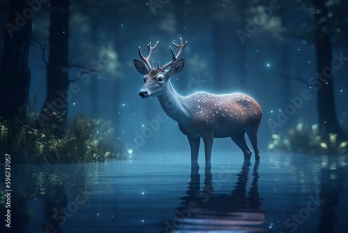 Glimmering deer drinks pond water by moonlit forest. Cartoon background of misty trees. Fairylike white deer. 3D render. Generative AI