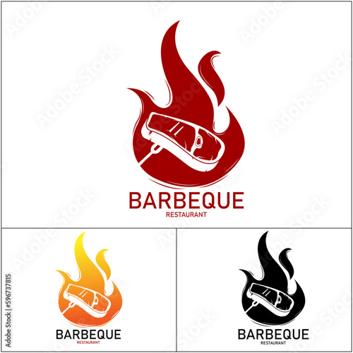 barbeque with steak on fire logo icon