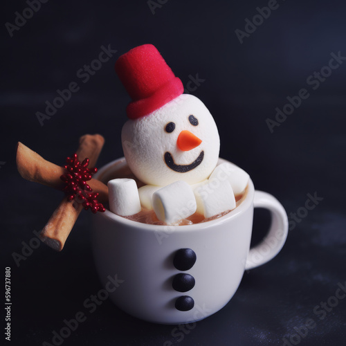 Christmas mug of hot chocolate with little marshmallows. Illustration AI Generative.