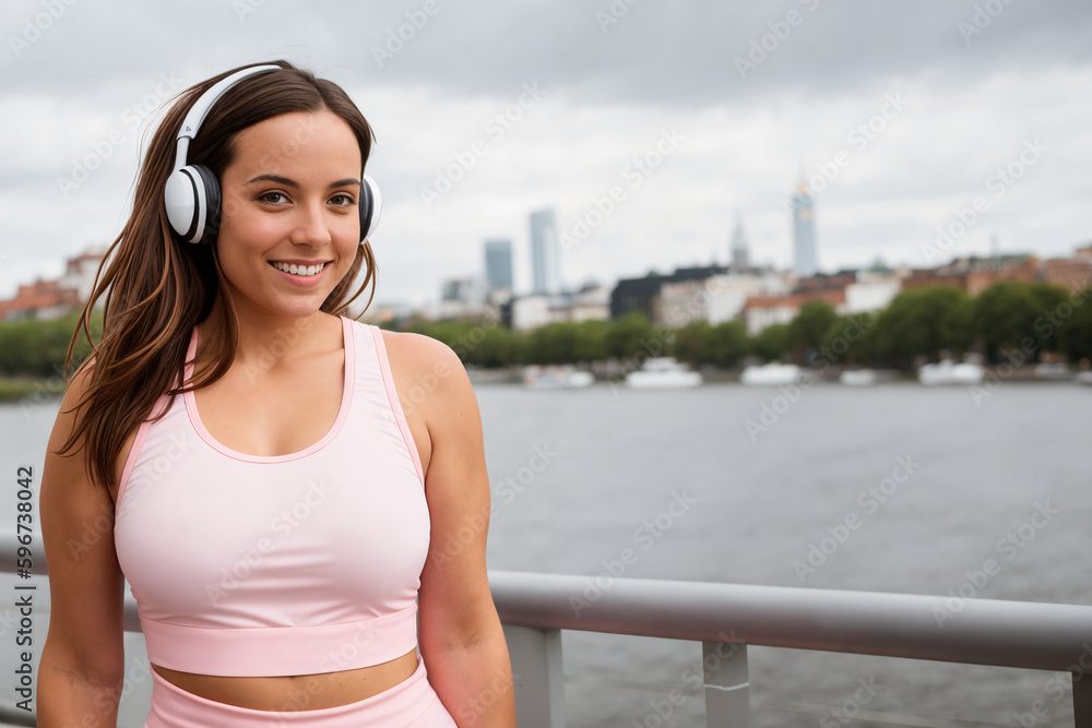 Young brunette woman wearing sportswear listening to music at park. Generative Ai