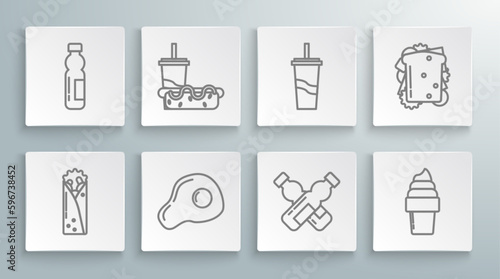 Set line Doner kebab, Paper glass with drinking straw and hotdog, Scrambled eggs, Crossed bottle of water, Ice cream waffle cone, Sandwich and Bottle icon. Vector