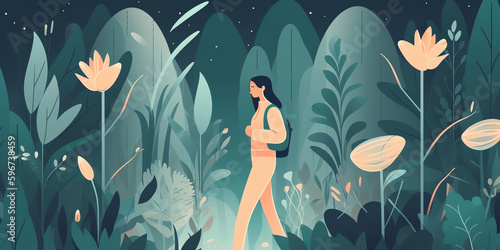 A person walking in a garden with eyes closed, listening to the sounds of nature. The illustration could show flowers, trees, and birds. practicing mindfulness meditation. Generative AI.