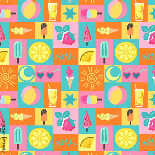 summer seamless pattern of colorful rectangles with summer symbols in trendy style Y2k. vector illustration