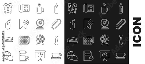 Set line Coffee cup flat, Tie, Paper clip, Cup tea and leaf, Bookmark, Computer mouse, Alarm clock with dollar symbol and Web camera icon. Vector