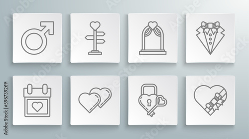 Set line Calendar with heart, Signpost, Two Linked Hearts, Castle the shape of and key, Candy shaped box bow, Wedding arch, Suit and Male gender symbol icon. Vector