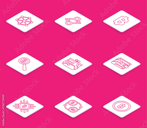Set line Blockchain technology, Cryptocurrency key, coin Bitcoin, Magnifying glass with, wallet, CPU mining farm and exchange icon. Vector