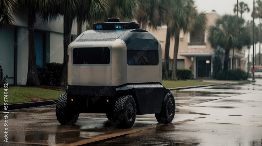 A Robot Courier Of The Future In Hurricaneprone Area. Generative AI
