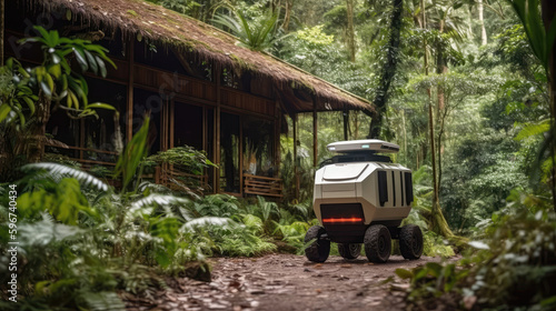 A Robot Courier Of The Future In Amazon Rainforest Lodge. Generative AI © Ян Заболотний
