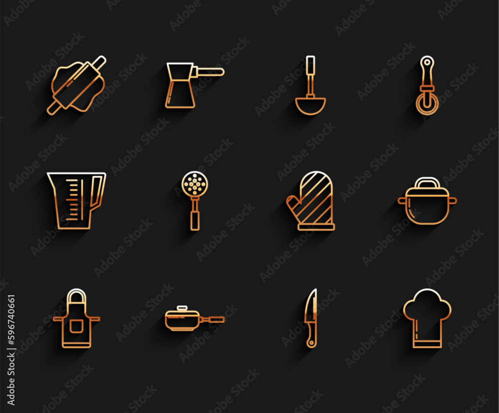 Set line Kitchen apron, Frying pan, Rolling pin, Knife, Chef hat, Spatula, Cooking pot and Oven glove icon. Vector Set line Kitchen apron, Frying pan, Rolling pin, Knife, Chef hat, Spatula, Cooking pot and Oven glove icon. Vector