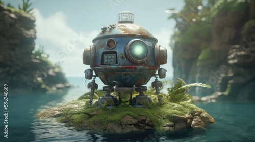 A Small Droid With A Head And Hands, Background Of A Mysterious Island With Hidden Treasures. Generative AI