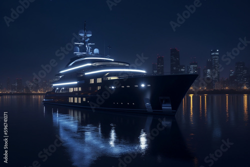 Superyacht with city skyline in the background at night,  Generative AI  © Jhati