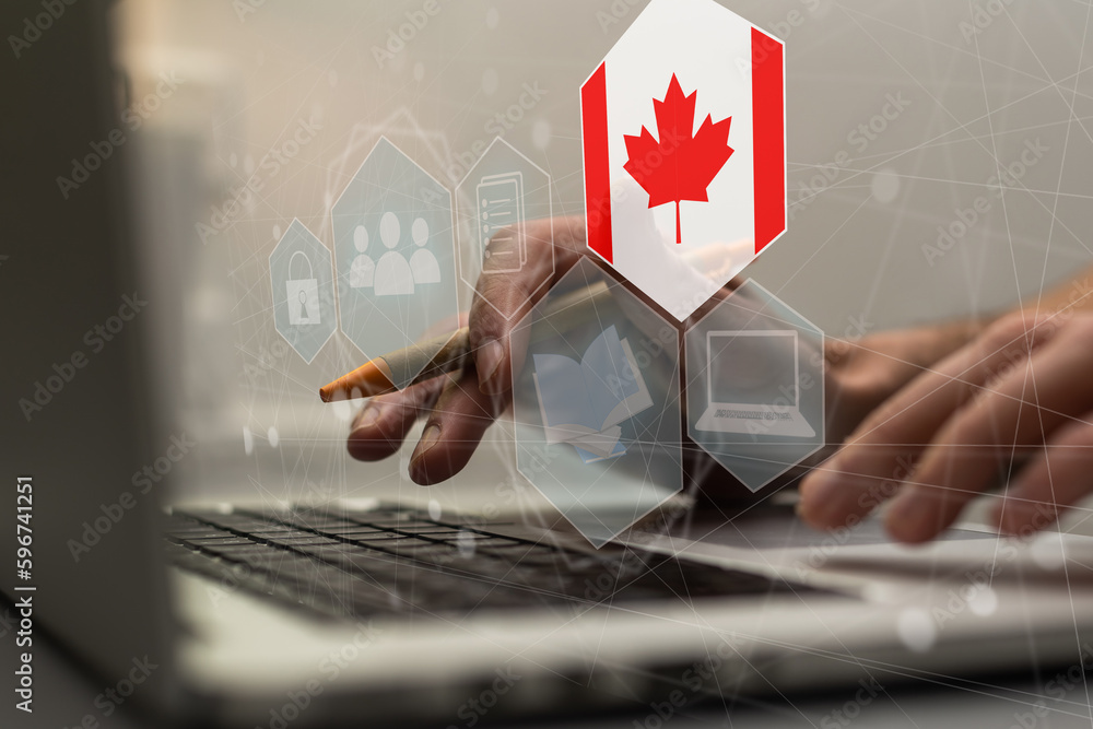 Concept of immigration to Canada with virtual button pressing - obrazy, fototapety, plakaty 