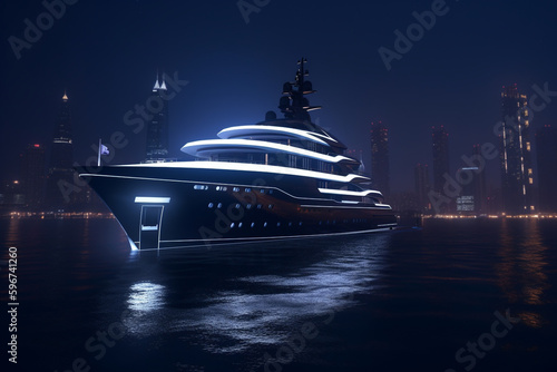 Superyacht with city skyline in the background at night,  Generative AI	