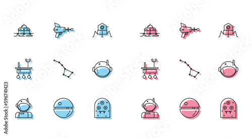 Set line Astronaut, Death star, Mars rover, Alien, Great Bear constellation, helmet, and Ray gun icon. Vector