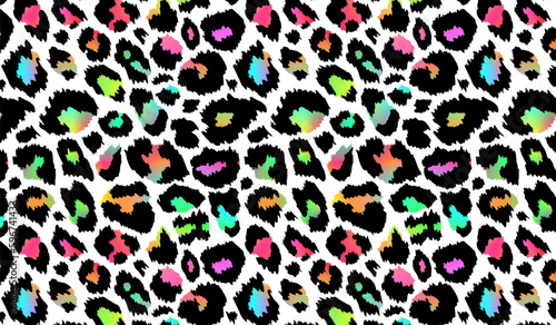 Trendy Neon Leopard pattern horizontal background. Vector rainbow wild animal cheetah skin, gradient leo texture with black and rainbow spots on white for fashion print design, textile, background.
