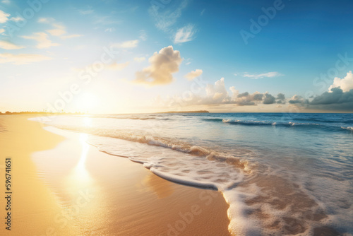 Tropical beach with sunset sky and clouds background. Summer vacation and travel concept. Generative ai. © tonktiti