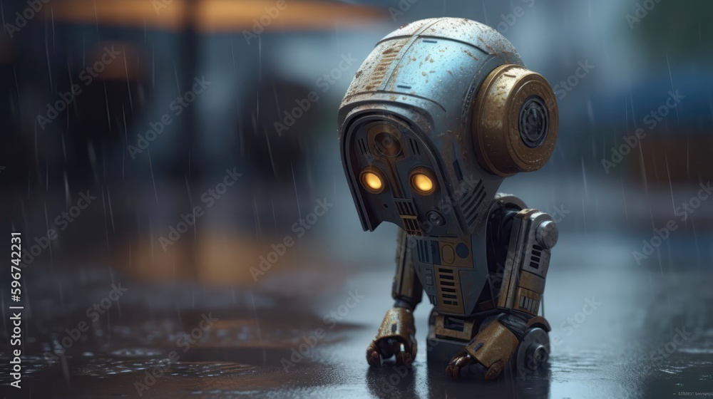 A Small Droid With A Head And Hands, Background Of Hurricaneprone Area. Generative AI