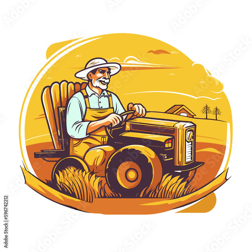 A farmer harvests grain in his field. A healthy lifestyle, agriculture, farm concept. Cartoon vector illustration. label, sticker, t-shirt printing