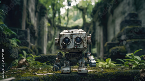 A Small Droid With A Head And Hands, Background Of An Ancient Ruins With Overgrown Vegetation. Generative AI © Ян Заболотний