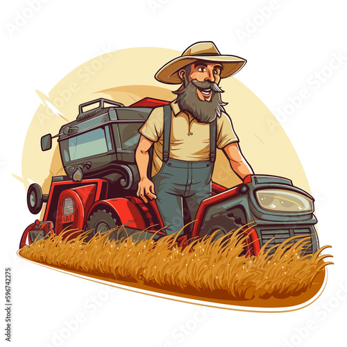 A farmer mows tall grass to dry for animals. A healthy lifestyle, agriculture, farm concept. Cartoon vector illustration. label, sticker, t-shirt printing