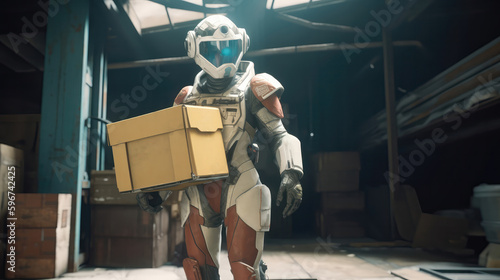 Cyborg Courier Holds A Box In Tsunamiprone Area. Generative AI