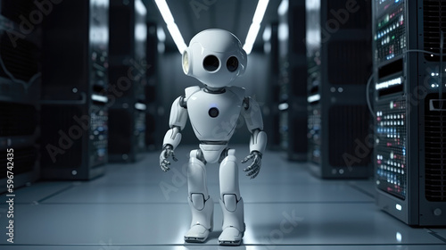 A Small Droid With A Head And Hands, Background Of Offshore Data Storage Center. Generative AI
