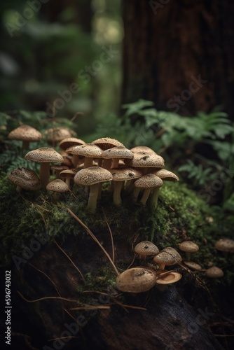 AI Generative. "Discover the Vital Role of Decomposers: Mushrooms on Fallen Tree Trunk Enchant"