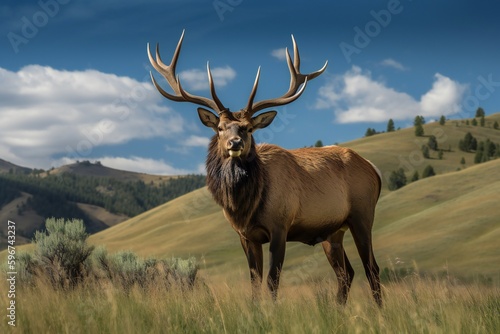 AI Generative. "Discover the Majestic Beauty of the Elk and its Impressive Antlers in a Grassy Meadow!" © mfathur19