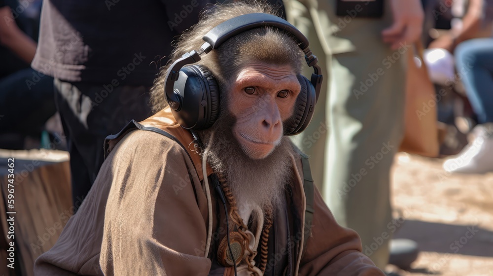 Monkey In The Headphones In Renaissance Fairs. Generative AI