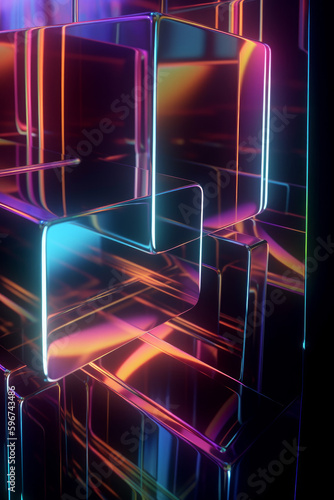 Abstract 3d neon glass shapes overlapping with shimmering light, background concept.