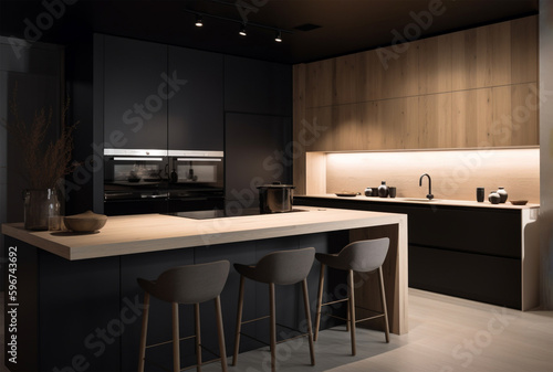 Elegant modern kitchen interior design front view  black furniture  counter table and chairs. Generative AI 3D render home interior design