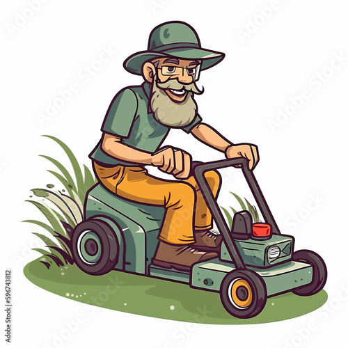 A man mows lawns, playgrounds and parks with a lawn mower. Community service. Maintenance of public areas. Gardening concept. Cartoon vector illustration. label, sticker, t-shirt printing
