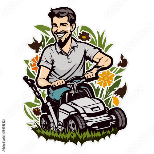 A man mows lawns, playgrounds and parks with a lawn mower. Community service. Maintenance of public areas. Gardening concept. Cartoon vector illustration. label, sticker, t-shirt printing