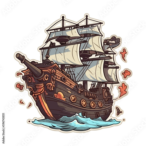 An old medieval sailing ship. A pirate ship sails into rough seas. The adventure of the corsairs. Cartoon vector illustration. label, sticker, t-shirt printing