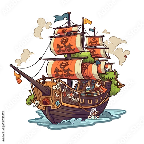A pirate ship is going out to sea. The adventure of the corsairs. An old medieval sailing ship. Cartoon vector illustration. label, sticker, t-shirt printing