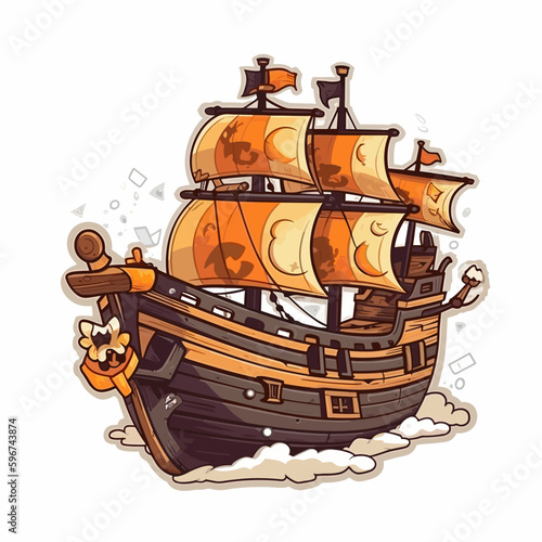 A pirate ship is going out to sea. The adventure of the corsairs. An old medieval sailing ship. Cartoon vector illustration. label, sticker, t-shirt printing