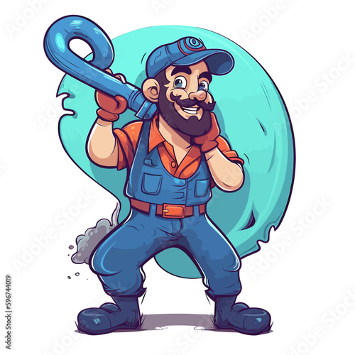 A plumber repairs water pipes in a house. Hourly husband. Service and maintenance of the house. Cartoon vector illustration. label, sticker, t-shirt printing