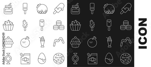 Set line Cookie or biscuit, Jelly worms candy, Macaron cookie, Glass jar with candies inside, Ice cream, Cupcake, Jar of honey and icon. Vector