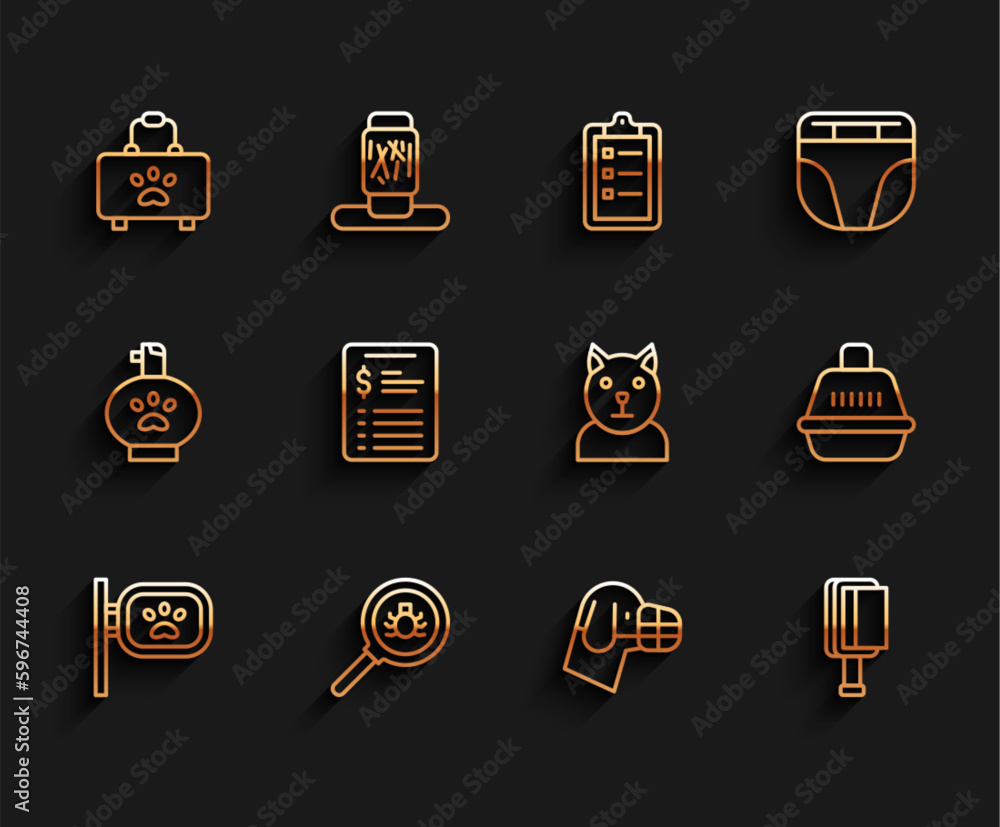 Set line Pet grooming, Flea search, first aid kit, Dog muzzle, Hair brush for dog and cat, Grooming salon price list, carry case and Cat icon. Vector Set line Pet grooming, Flea search, first aid kit, Dog muzzle, Hair brush for dog and cat, Grooming salon price list, carry case and Cat icon. Vector