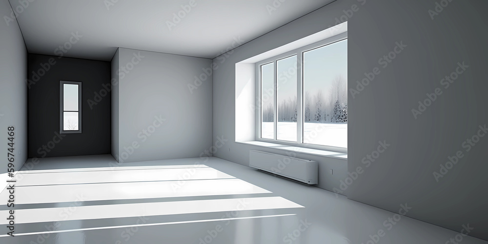 Empty Room with a Big Window. Well-lit Interior. Generative AI Empty Room with a Big Window. Well-lit Interior. Generative AI