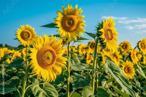 Sunflower field against azure sky. Generative AI