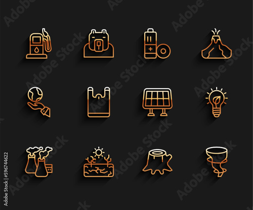 Set line Smoke from factory, Drought, Petrol gas station, Tree stump, Tornado, Plastic bag, Light bulb with leaf and Solar energy panel icon. Vector