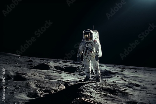 Astronaut strolling lunar surface during Apollo 11 mission. Generative AI photo