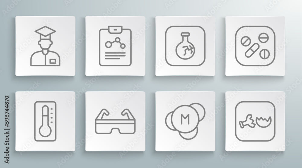 Set line Medical thermometer, Chemistry report, Safety goggle glasses, Molecule, Broken flask, Cracked, Medicine pill tablet and Laboratory assistant icon. Vector Set line Medical thermometer, Chemistry report, Safety goggle glasses, Molecule, Broken flask, Cracked, Medicine pill tablet and Laboratory assistant icon. Vector