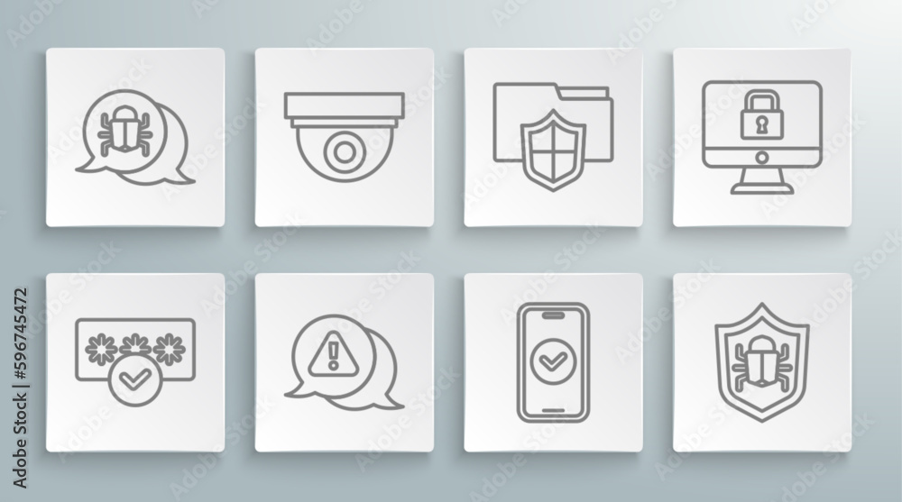 Set line Password protection, Security camera, Exclamation mark in triangle, Smartphone, System bug, Document folder, Lock monitor and icon. Vector Set line Password protection, Security camera, Exclamation mark in triangle, Smartphone, System bug, Document folder, Lock monitor and icon. Vector