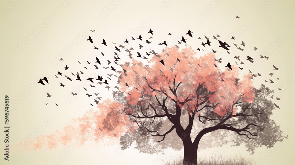 Watercolor Spring Tree with Flying Birds Watercolor Spring Tree with Flying Birds