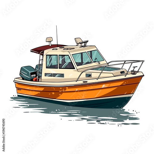 Motor boat for divers or fishermen. Small tourist excursion boat. Cartoon vector illustration. label, sticker, t-shirt printing