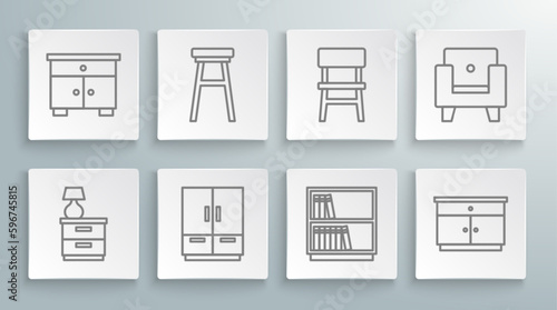 Set line Furniture nightstand with lamp, Chair, Wardrobe, Library bookshelf, Armchair and icon. Vector