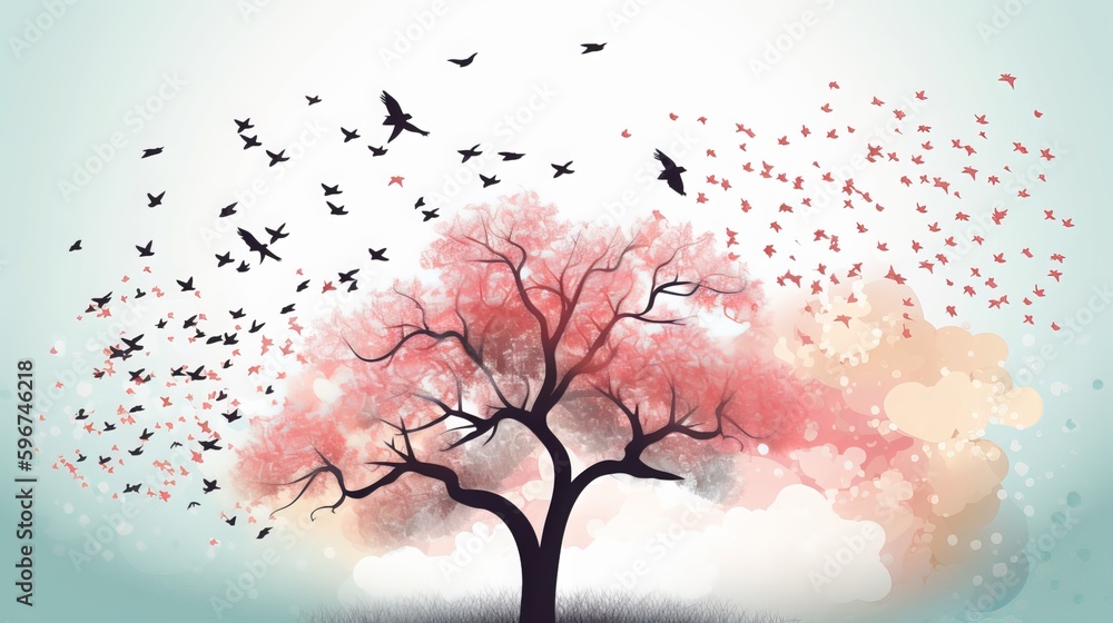 Watercolor Spring Tree with Flying Birds