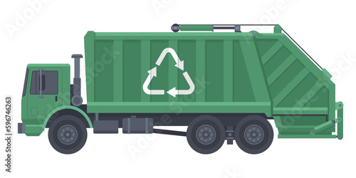 Green garbage truck in side view